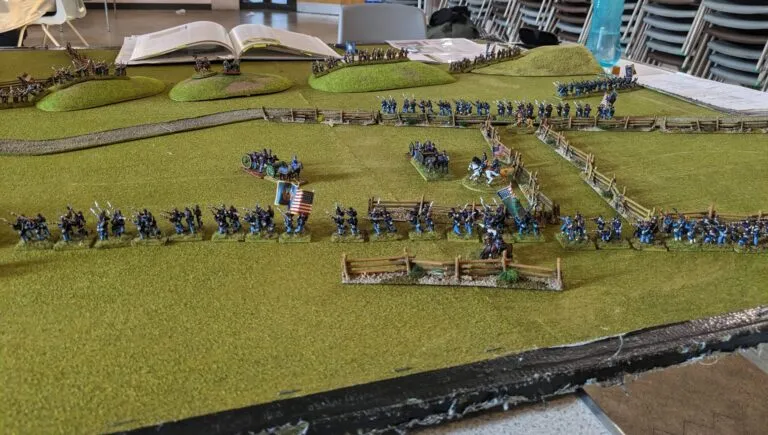 Union brigades still in column formation along the road, yet to deploy into line