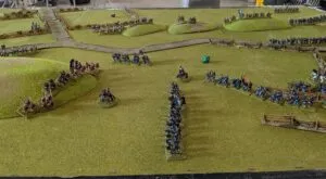 Union and Confederate brigades fighting along the fence lines in turn four